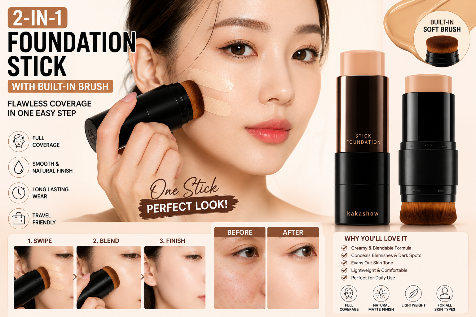 2-in-1 Foundation Stick with Built-In Brush | Flawless Full Coverage Makeup