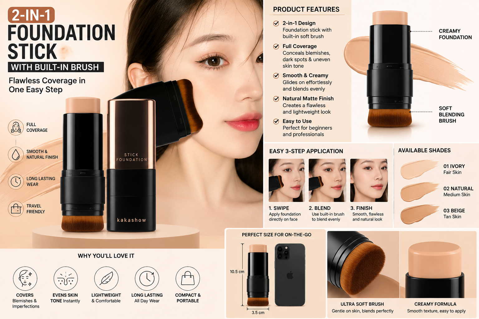 2-in-1 Foundation Stick with Built-In Brush | Flawless Full Coverage Makeup