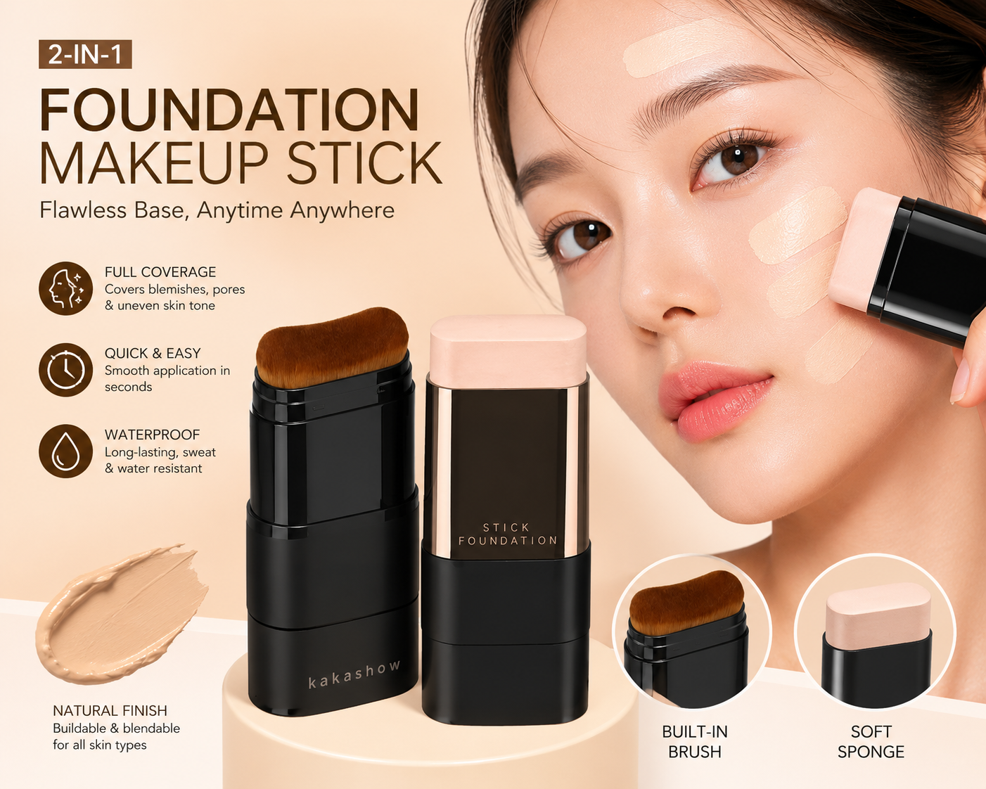 2-in-1 Foundation Stick with Built-In Brush | Flawless Full Coverage Makeup