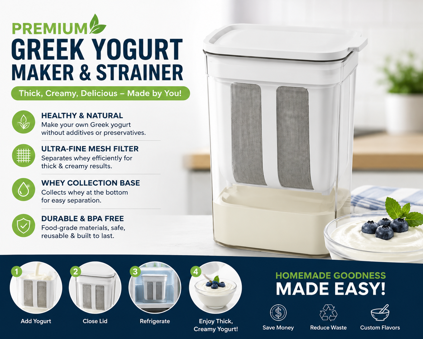 Greek Yogurt Maker with Fine Mesh Strainer Container